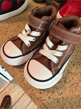 Kids Brown High-Top Canvas Sneakers with White Toe Cap